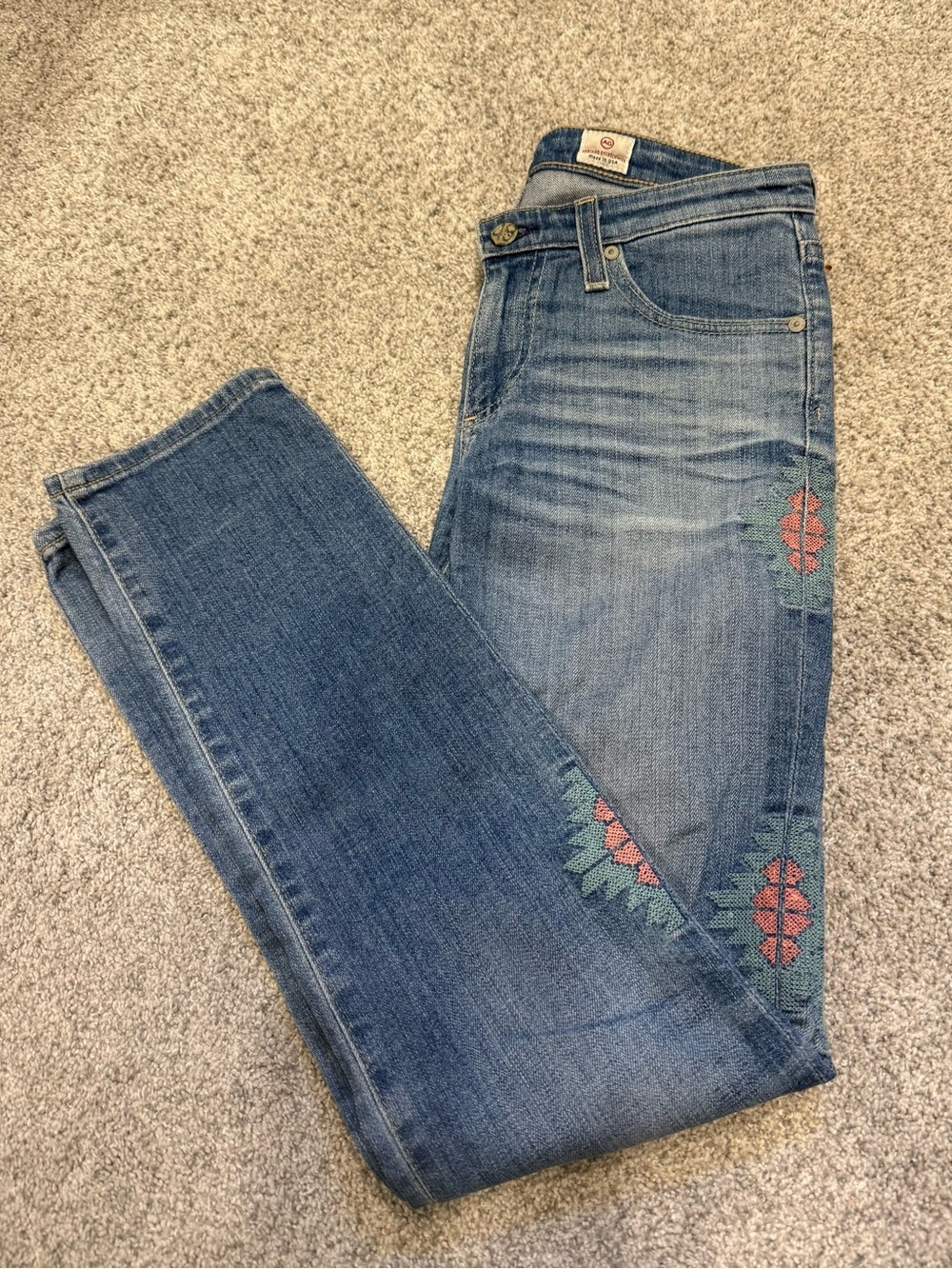 Ag Adriano Goldschmied Blue Straight-Leg Jeans with light blue & pink Embroidery